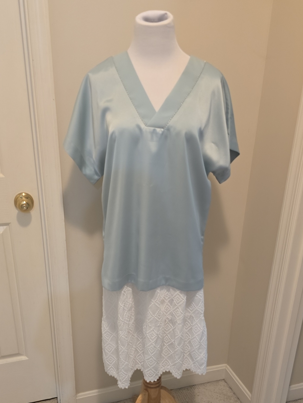 Satin V-Neck Short Sleeve Top in Light Blue - Women's Intimates